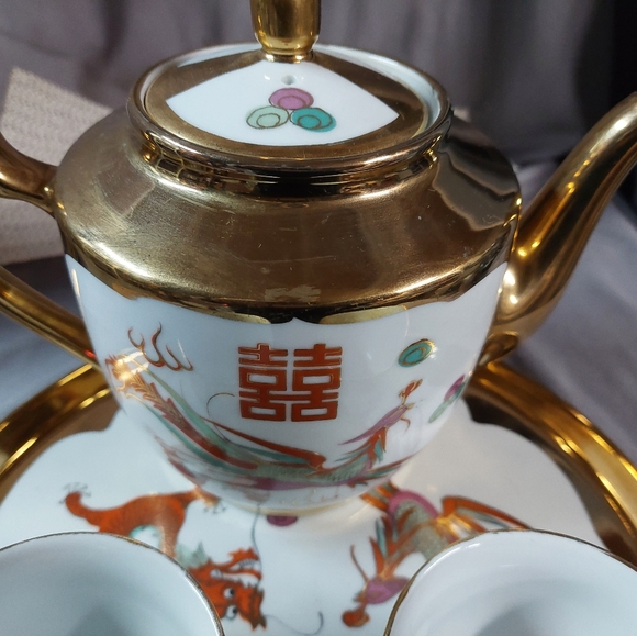 Vintage Gold Trimmed Asian PHOENIX Tea Set (4pcs) Hand-Painted - Picture 6 of 15